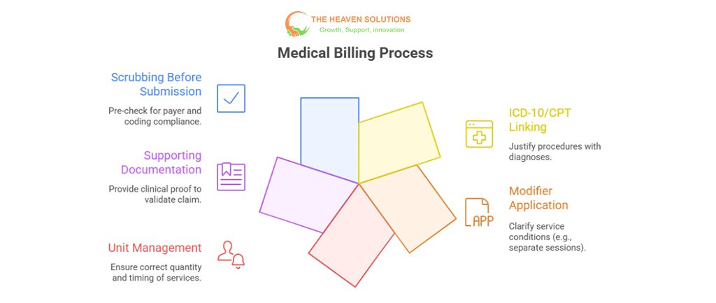Medical billing process with scrubbing, documentation, ICD-10/CPT linking, modifiers, unit management