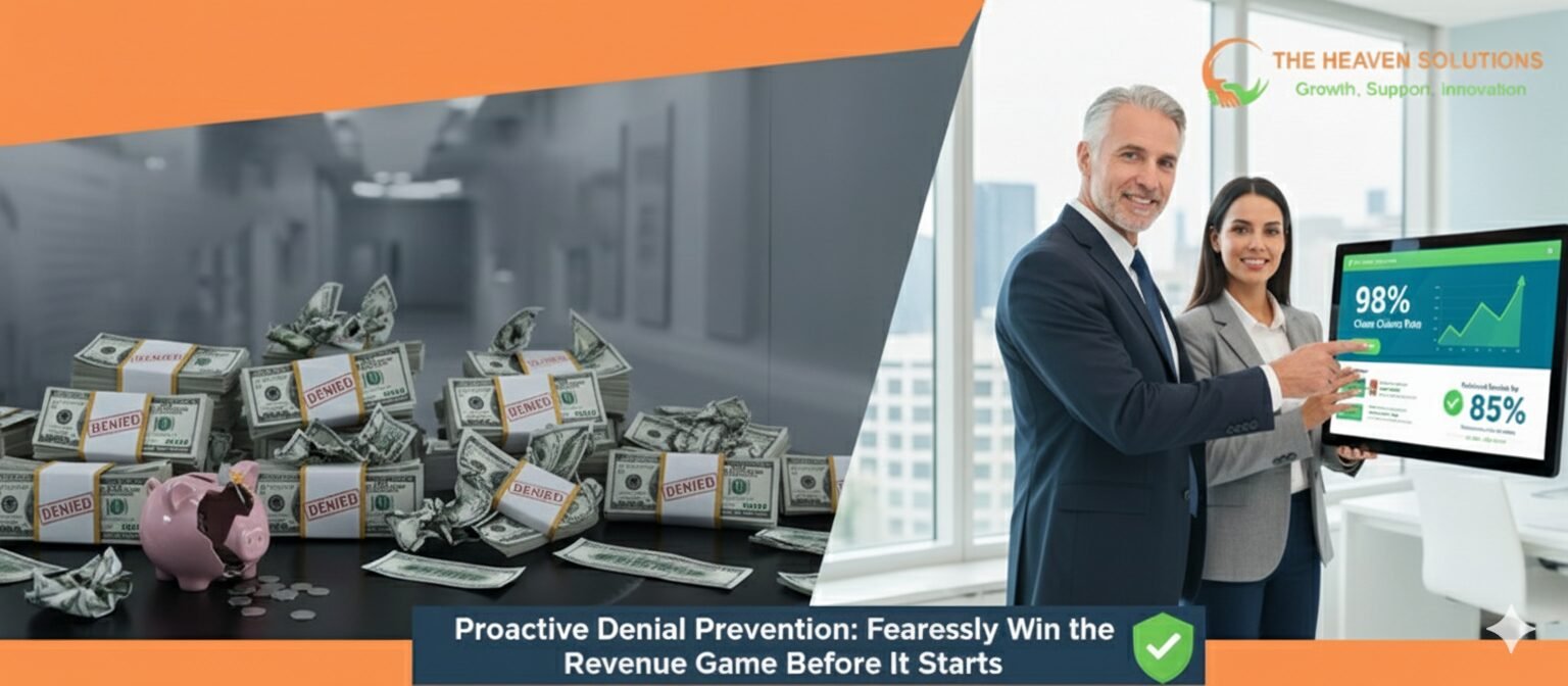Stacks of cash labeled Denied and cracked piggy bank contrast with two professionals pointing to “98% Clean Claim Rate” on a screen; Essential Denial.