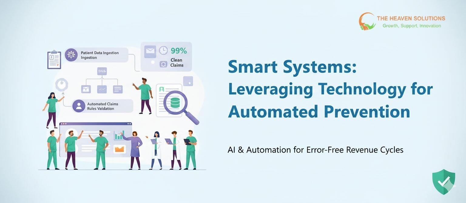 Infographic titled Smart Systems shows patient data ingestion, automated claims rules validation, and “99% Clean Claims”; Essential Denial focus. Denial Prevention