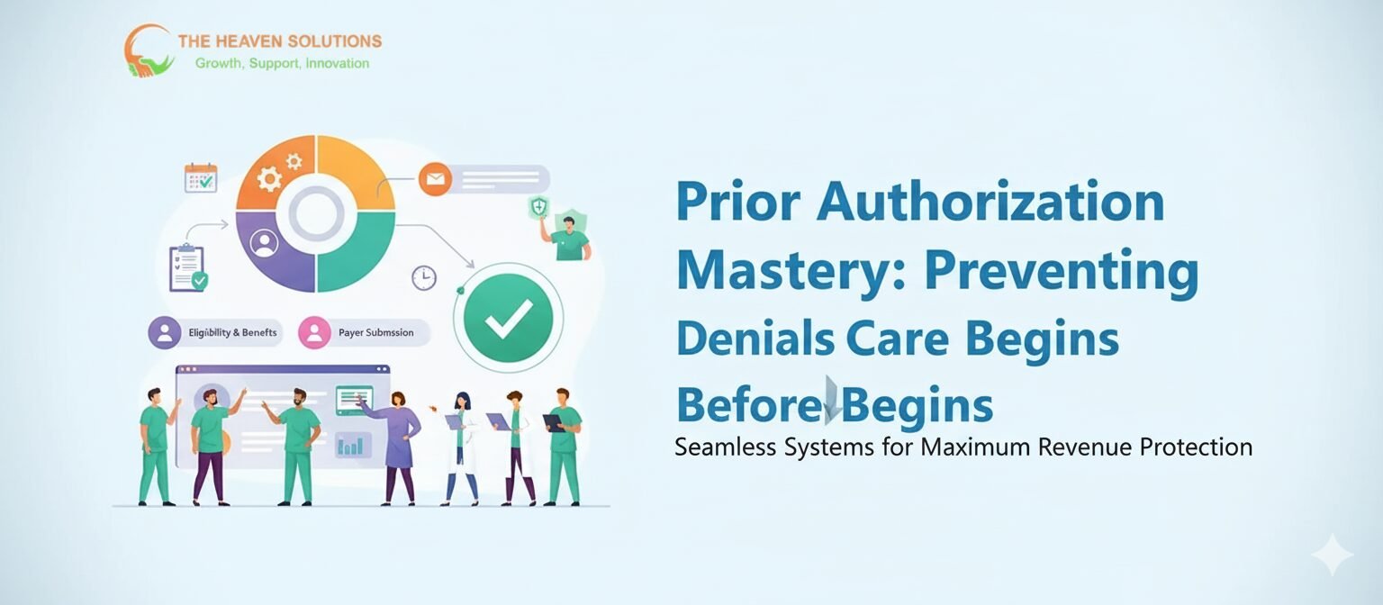 Prior authorization banner with big check mark, clinical team, and process icons for eligibility and payer submission; Essential Denial emphasis.