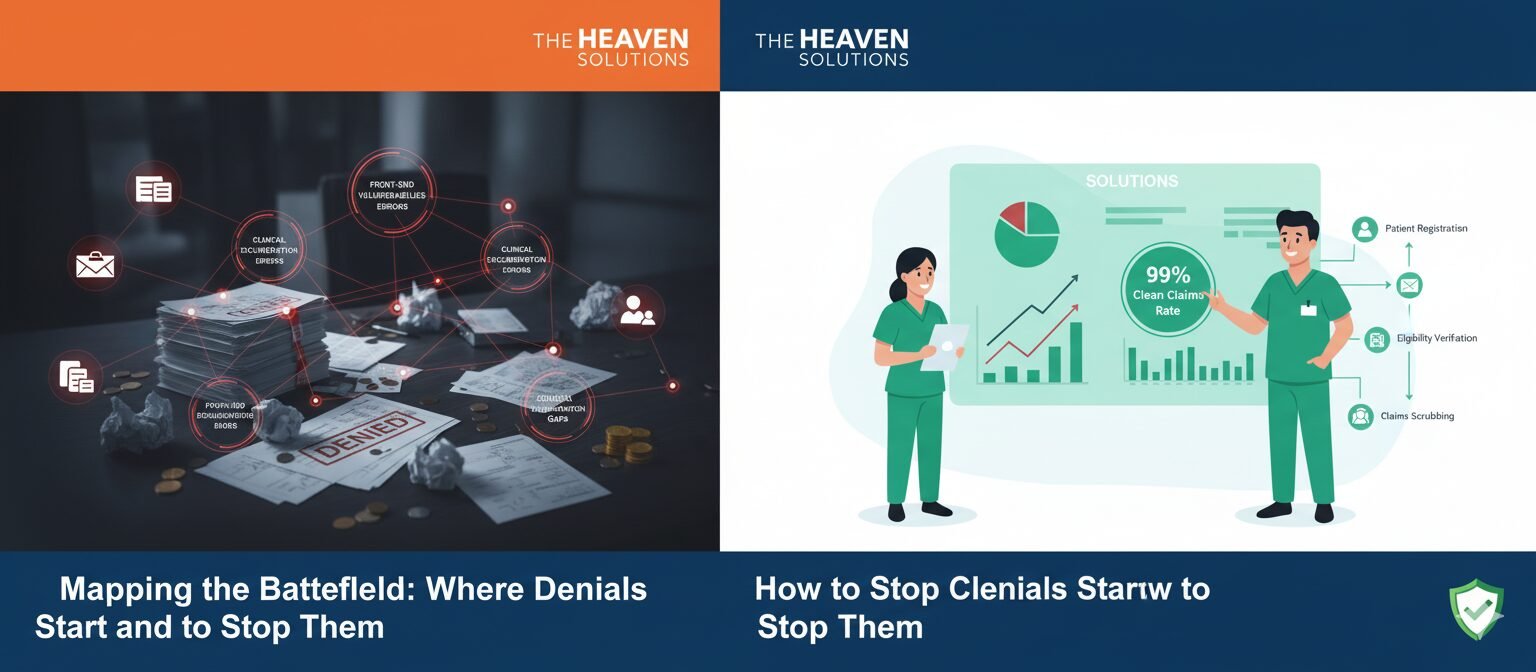 denied papers and red cause map on left; dashboard on right with “99% Clean Claims Rate” and intake checks; Essential Denial view.