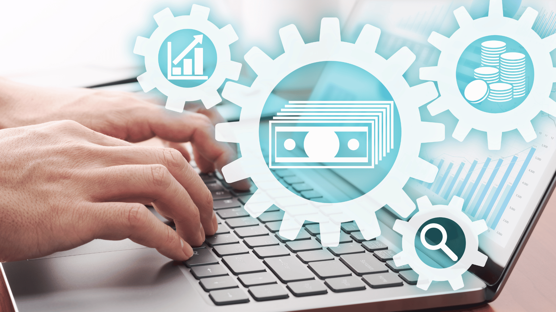 Revenue cycle automation with money, analytics, and search icons over a laptop keyboard